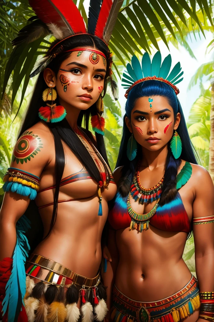 SFW. ((RAW photo, Best quality)), (Realistic, photo-realistic:1.2). A beautiful indigenous girl in native dress with feathers and feathers on her HEAD, Blue and red green macaw FEATHERS, jaguar on right. amazon indian peoples in brazil, beautiful young female brazilian Native girl, Hot body, body in good shape, very detailed face, Yanomami Indian in typical costumes,High quality. Amazonia forest Background. Cinematic lighting. 