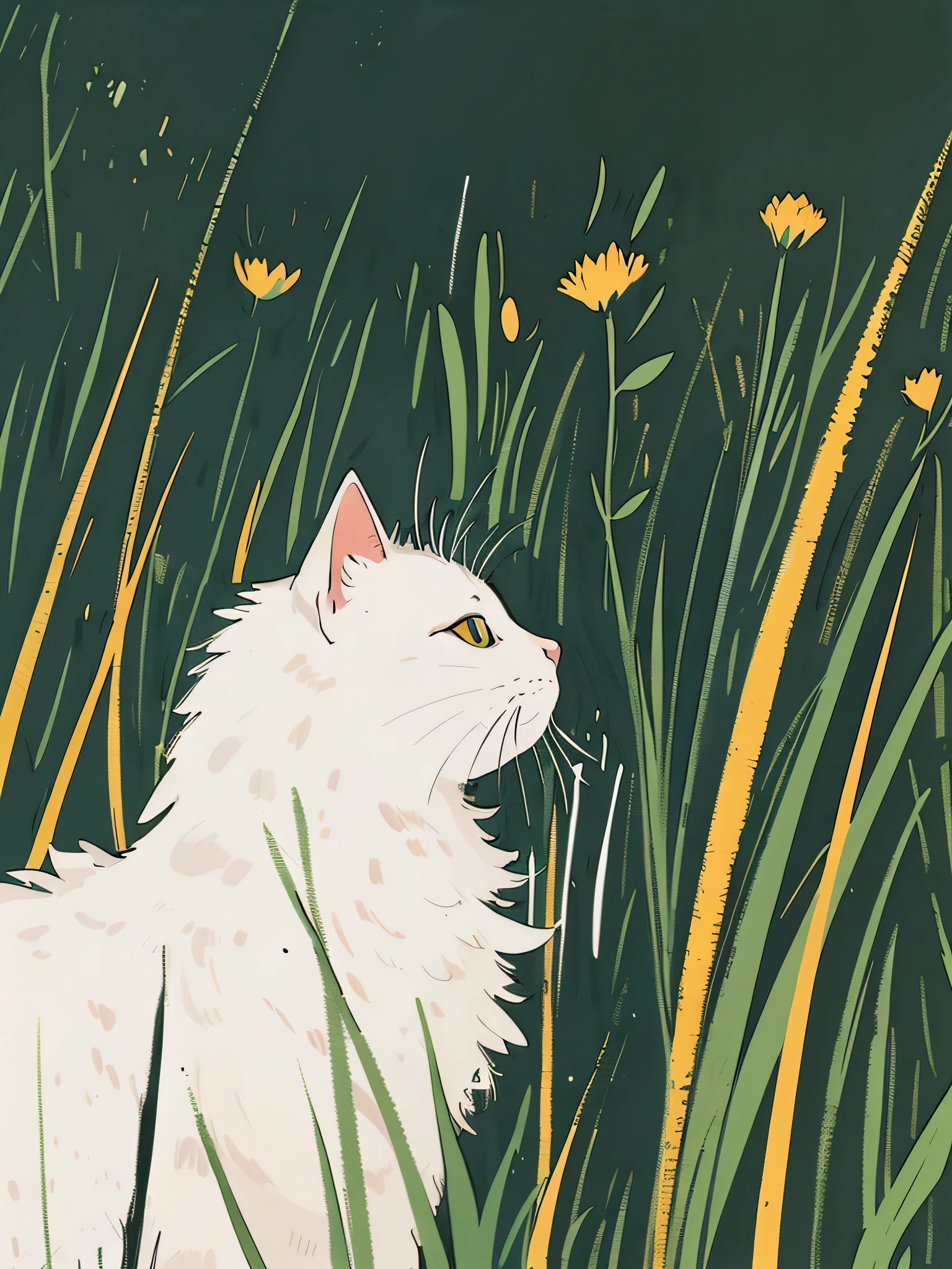 minimalism, the minimalist style,a white cat in the grass, beautiful garden, Spring, Henry Matisse’s lithograph, Isometric Anime style,simple quirky water color inspired illustrations,The New Yorker magazine Cover, modern