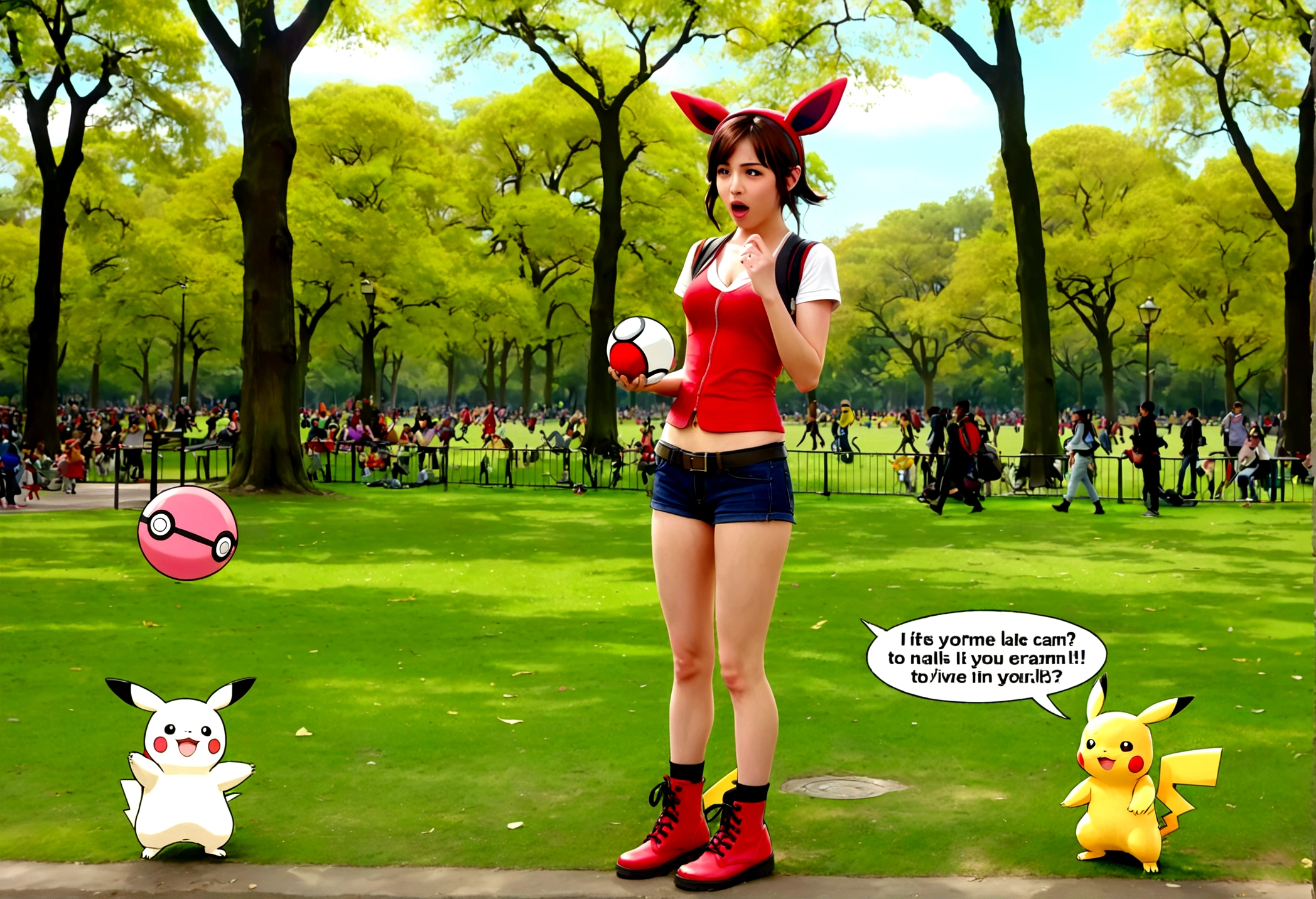 A determined cute woman pokemon trainer, tosses out her pokeball summoning a confused naked woman in pokemon boots and ears, crowded park in daytime. The trainer yells 'Milafachu! I choose you!' in a chat bubble