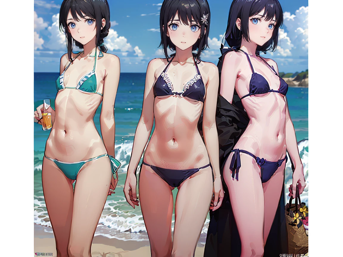 (((High resolution:1.5))), (((Very detailedな:1.5))), (((Three Girls:1.3))),((７Head to Body:1.3))、 (((beach,Outdoor、Midday light background)))、(((Happy expression))), (((smile:1.5)))、(((Beautiful and detailed eyes:1.3))), (((Very detailed))), (((Details face:1.5))), break ,sunny、(((Nude:1.5))),((Very delicate body:1.2))、((Very flat chest:1.5))、((Small waist))、((thigh gap:1.2))、Friendly atmosphere、(((spread legs:1.5))),(from side:1.1),(tanlines:1.5）、(tan skin:1.4)