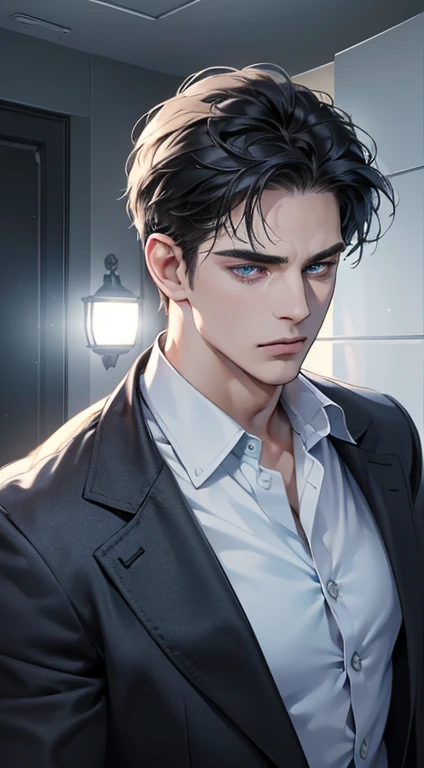(best quality, masterpiece, 8K, photorealistic, cinematic lighting, 1:4 hdr image, ultra detailed, beautiful image), a mature man, 34 years very handsome, ((cold expression)), short black hair, blue eyes, face perfect without mistakes, ((buttoning his jacket, CEO))