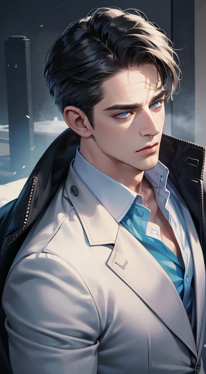 (best quality, masterpiece, 8K, photorealistic, cinematic lighting, 1:4 hdr image, ultra detailed, beautiful image), a mature man, 34 years very handsome, ((cold expression)), short black hair, blue eyes, face perfect without mistakes, ((buttoning his jacket, CEO))