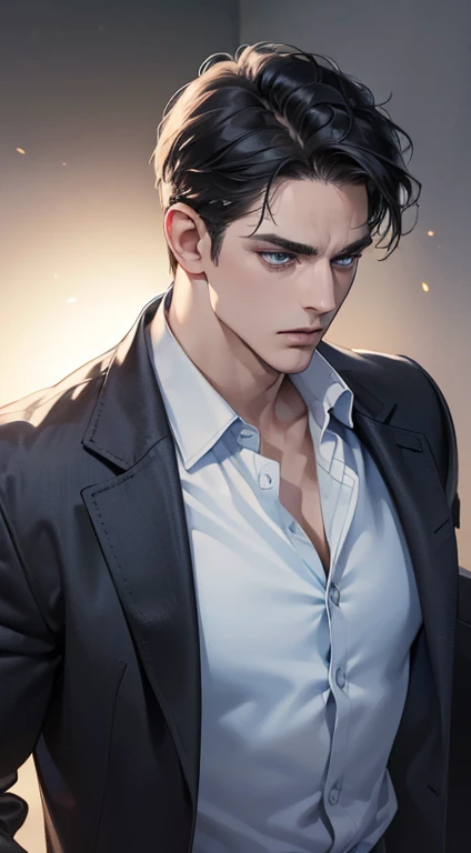(best quality, masterpiece, 8K, photorealistic, cinematic lighting, 1:4 hdr image, ultra detailed, beautiful image), a mature man, 34 years very handsome, ((cold expression)), short black hair, blue eyes, face perfect without mistakes, ((buttoning his jacket, CEO))