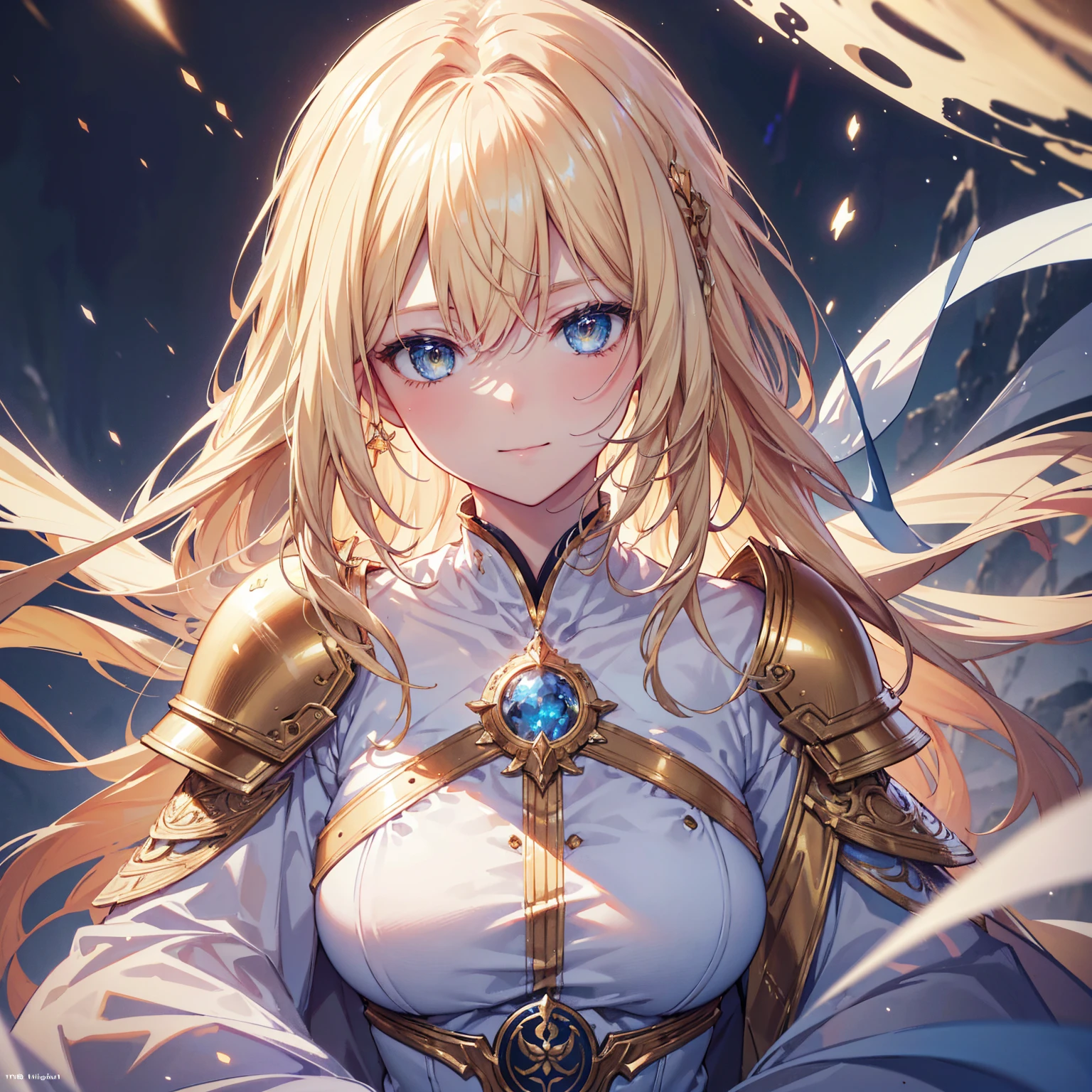 Head close-up, face camera, Realistic digital painting portrait of female human being, 3r1nm0r1art72, Lovely smile, (curls:1.1), (blond:1.3), Magical Universe, White Magic Cloth Armor,Intricate details with yellow engraving, (Abstract, background:1.2), (Light Particles:1.1), (Very delicate skin:1.2), (game concept:1.3), (Eldon ring style:1.3), (mysterious style:0.8), (Depth of Field:1.3), Full-area lighting, Art work:hoang lap、fuji sales、artgerm、Greg Rutkowski 和 Viktoria Gavrilenko