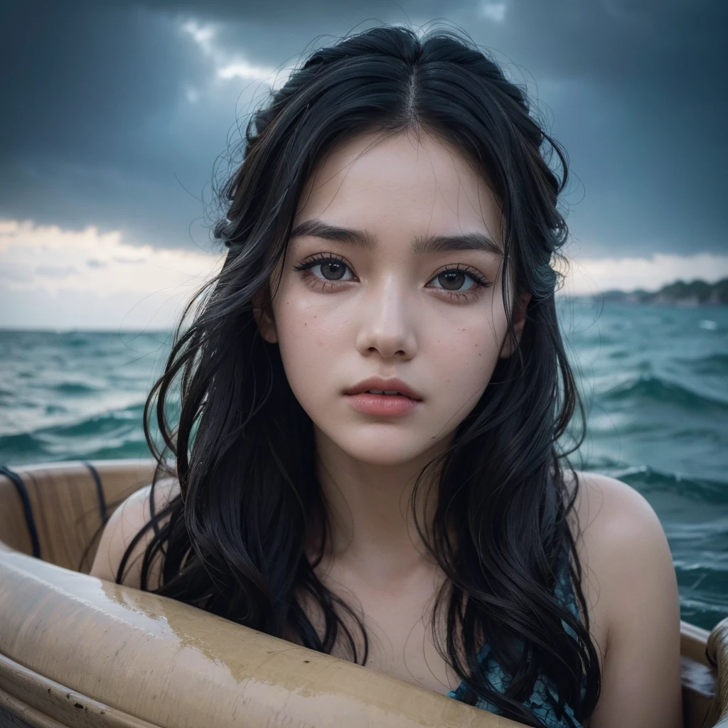 girl in a bambooraft, stranded in the middle of the sea, detailed facial features, beautiful detailed eyes, beautiful detailed lips, extremely detailed face and skin, long eyelashes, detailed clothing, waves crashing around the raft, overcast sky, dramatic lighting, moody atmosphere, photorealistic, 8k, best quality, masterpiece, highly detailed, dramatic, cinematic