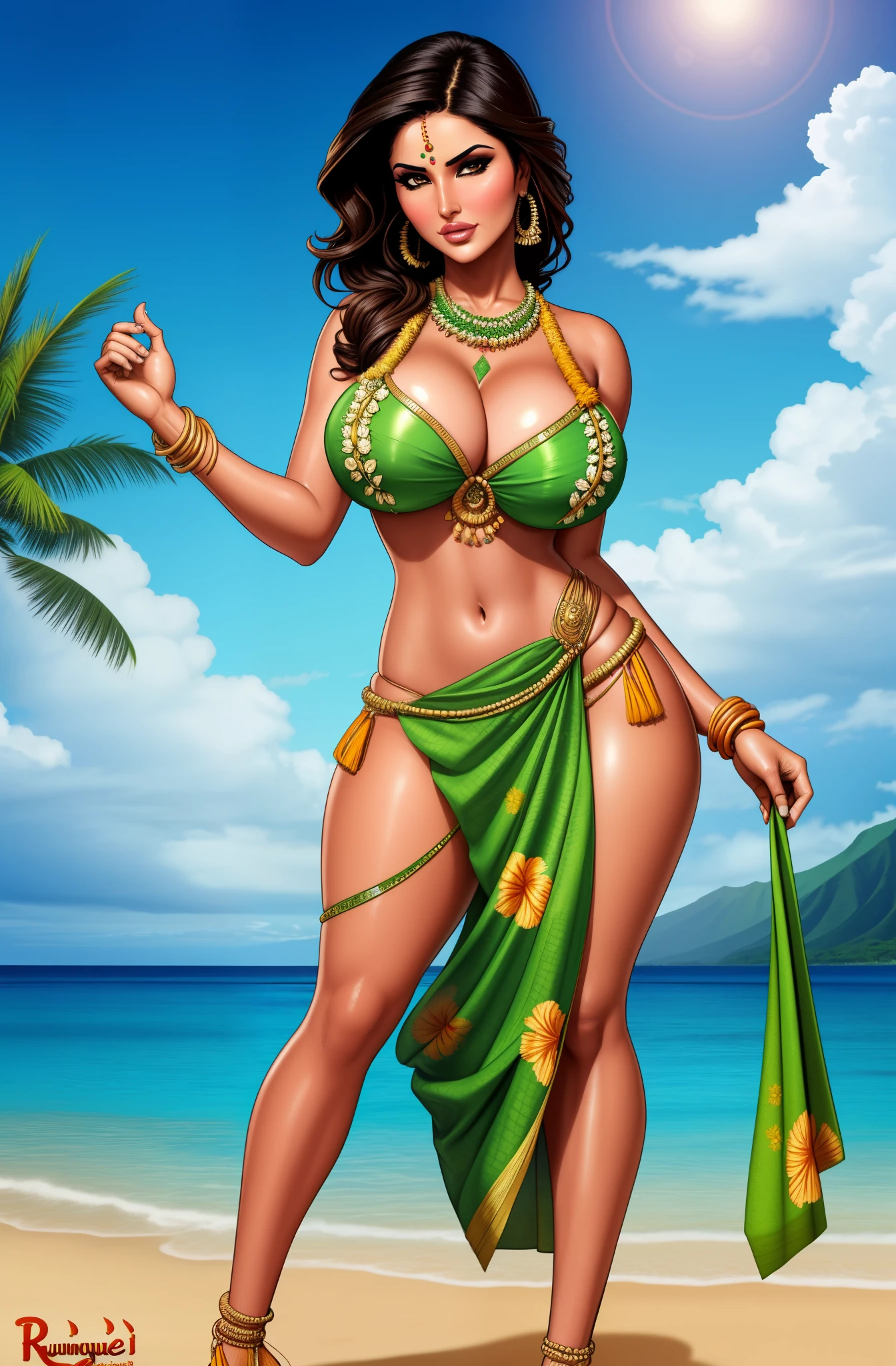 Sunny Leone wearing a grass skirt and a leilei, Hawaiian beach, gorgeous Indian woman, detailed skin, rubeneque