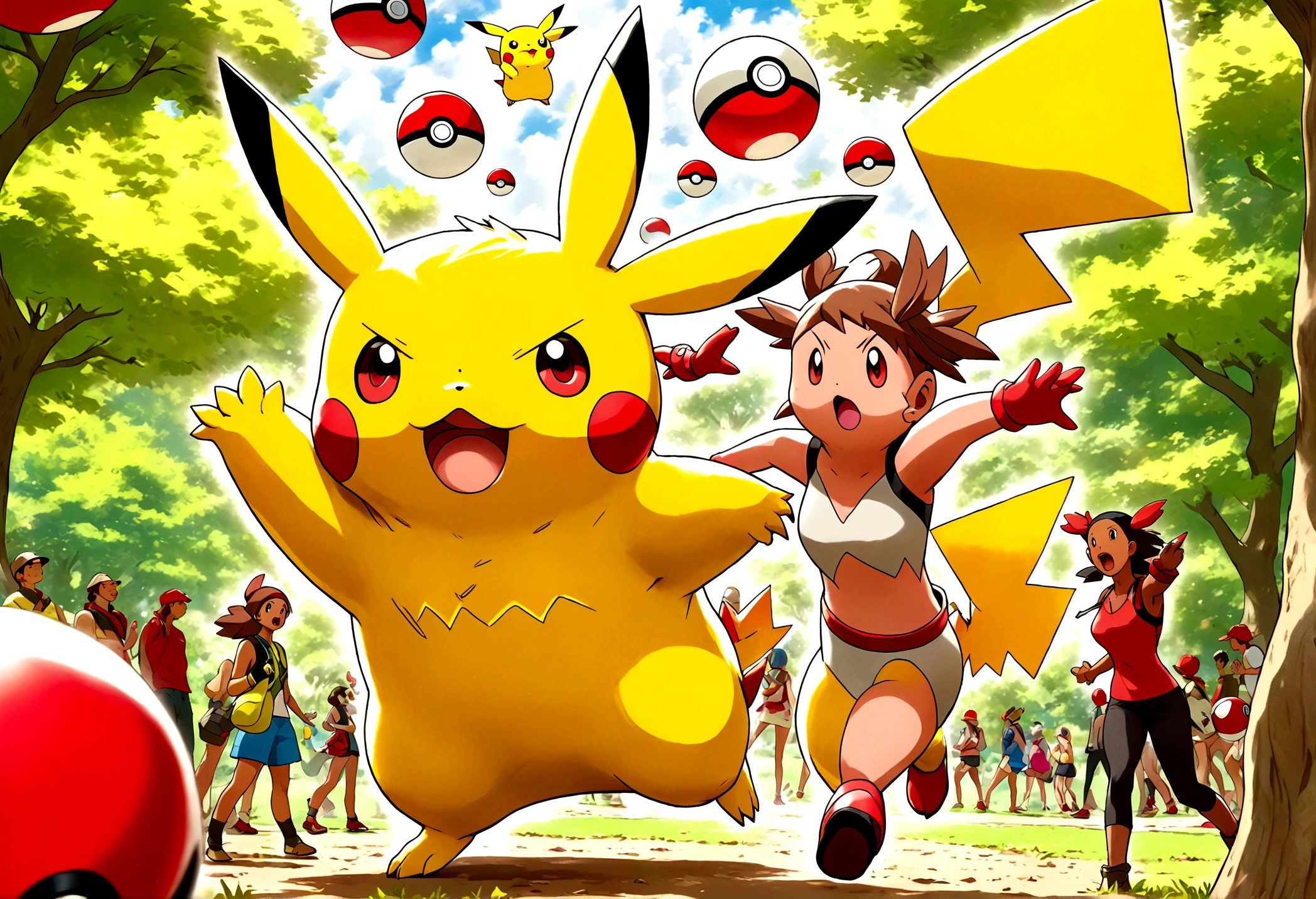 A determined cute woman pokemon trainer, tosses out her pokeball summoning a confused naked woman in pokemon boots and ears, crowded park in daytime. The trainer yells 'Milafachu! I choose you!' in a chat bubble
