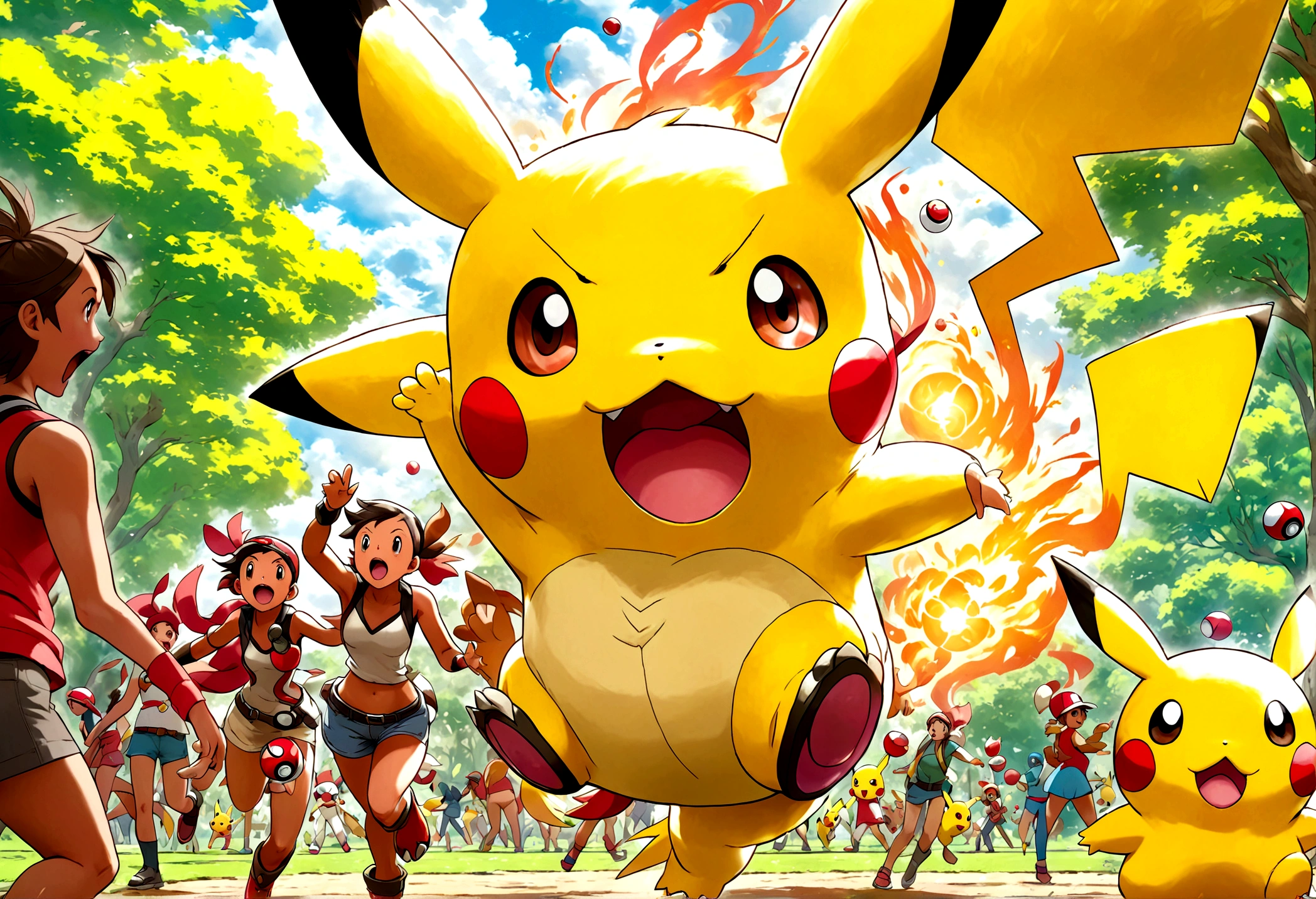 A determined cute woman pokemon trainer, tosses out her pokeball summoning a confused naked woman in pokemon boots and ears, crowded park in daytime. The trainer yells 'Milafachu! I choose you!' in a chat bubble
