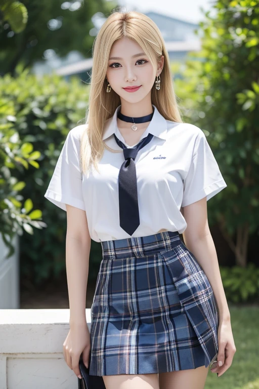 Masterpiece, best quality, height, Kitagawa Marine, 1 woman, blonde hair, long hair, colorful hair, conjunctivitis, decorate, earring, drill, , white shirt, T-shirt tie, black choker, Blue tie, plaid skirt, smile, รอยsmile, stand, Cowboy Shot, outdoor,