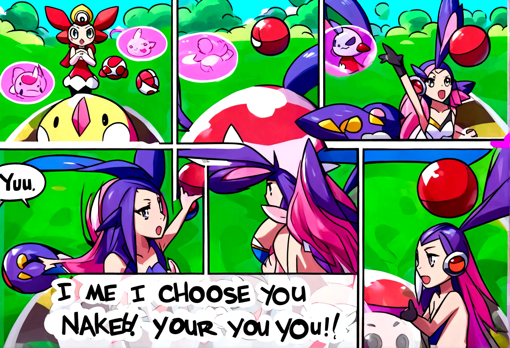 A determined cute woman pokemon trainer, tosses out her pokeball summoning a confused naked woman in pokemon boots and ears, crowded park in daytime. The trainer yells 'Milafachu! I choose you!' in a chat bubble