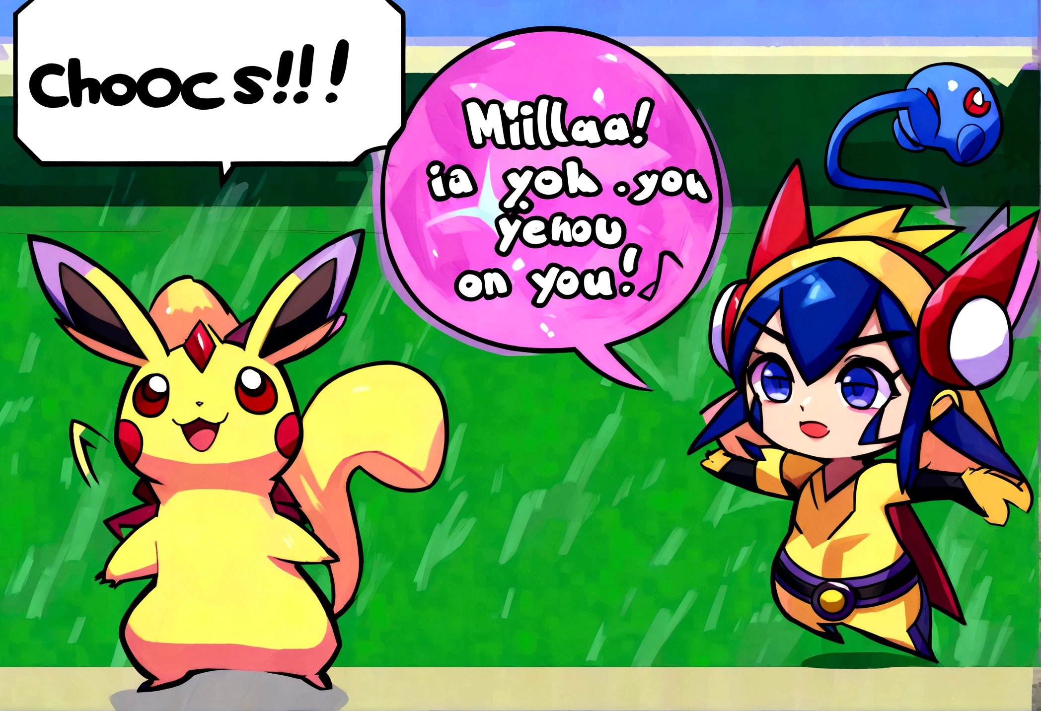A determined cute woman pokemon trainer, tosses out her pokeball summoning a confused naked woman in pokemon boots and ears, crowded park in daytime. The trainer yells 'Milafachu! I choose you!' in a chat bubble