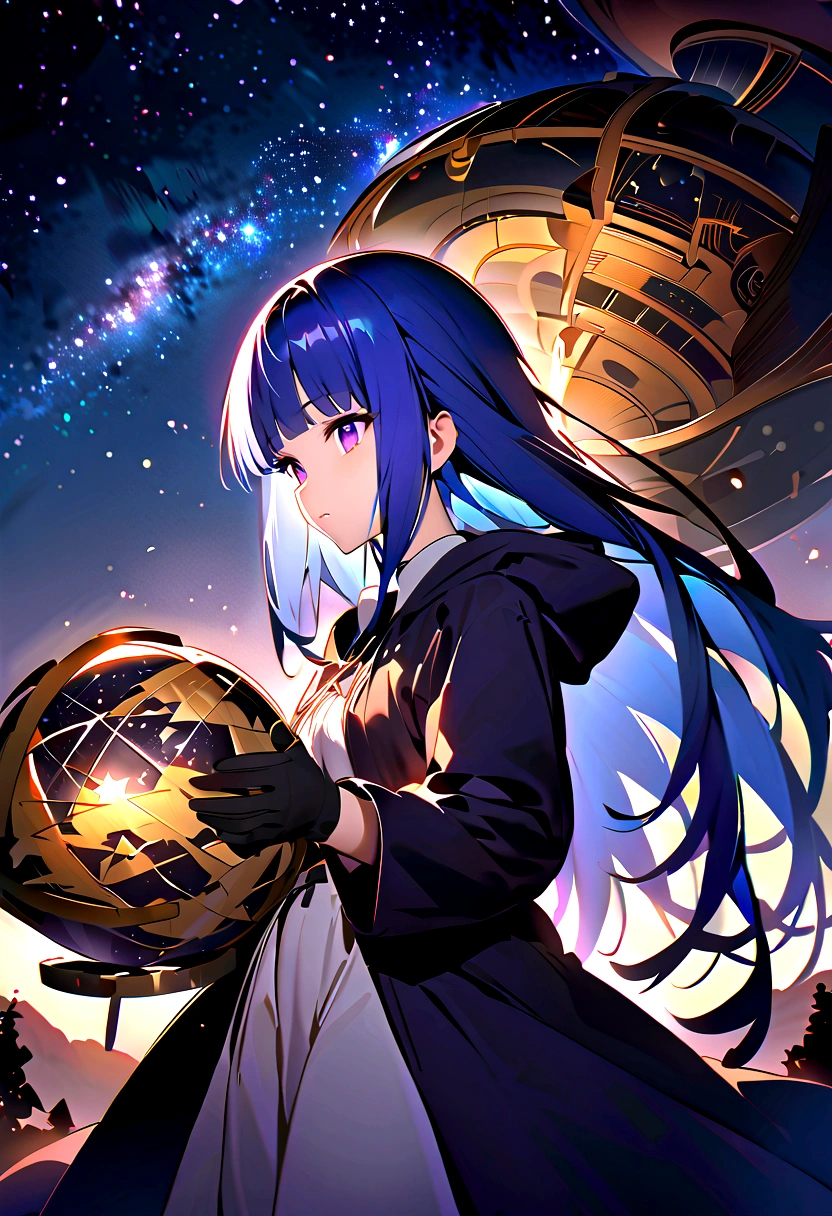 (masterpiece, Highest quality:1.1), (占star術師), 1 Girl, alone, Blue Hair, Purple eyes, Long Hair, blunt bangs, bangs, gloves, (Hooded Robe)、witch, (Full Out Rika), Night Sky, star, observatory, Ancient, 満天のstar空, milky way, star図, Celestial globe, mysterious, 月Light, Costumes, tool, Light, Shine