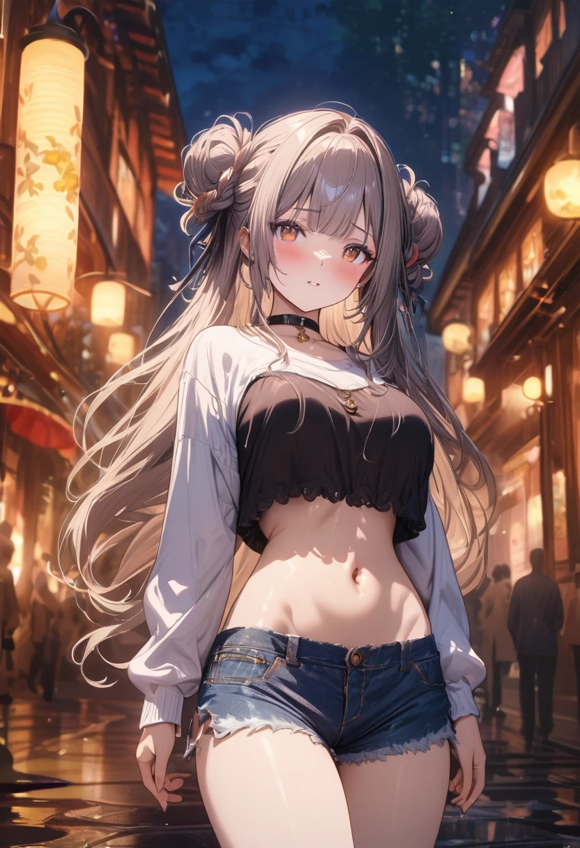 (masterpiece), best quality, very aesthetic, newest, absurdres, detailed, high quality
BREAK
highest quality, top quality, details, highres, ultra fine painting, digital art, official art, cinematic, 4k, 8k resolution, 8K CG wallpaper, CG, original artwork, detailed background, colorful background, blue atmosphere, High Dynamic Range, blurry background, blue hour, Starburst effects, crepuscular rays, good ISO, high resolution, wide shot, from far away, RAW photo, POV, sharp focus, light reflection, reflections, intricate details, soft light, particle noise, professional photography, bokeh, depth of field, natural lighting, vibrant colors, looking away, detailed lights and shadows, stylish, ultra-detailed, top rated on Pixiv, trending on Artstation, niji style, modern-days, master crafted, pose
BREAK
solo, (close up), 1girl, pale skin, correct fingers, detailed hand, (big breasts:1.2), big thighs, small torso, short body, flushtered, shy, blush, anxious expression, embarassed, embarassed act, casual, slim, ((cute, childlike face):1.3), nice hips, nice body, brown hair, (very long flowing hair), (big 2 buns hairstyle)), long bangs, long hair, middle hair bangs, brown eyes
BREAK
(white loose-fitting crop shirt, long sleeve, mini denim shorts, choker, casual wear style, tummy skin, detailed tummy skin, belly button, modern fashion)
BREAK
Empty streets background, anime background, quiet street, street lamps, sky