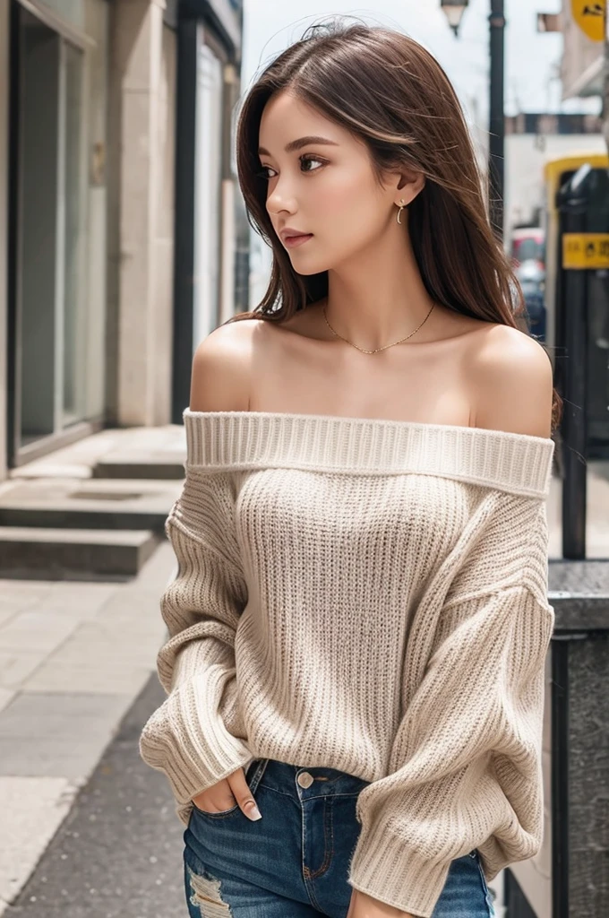 ((Highest quality)), ((masterpiece)), (detailed), One girl, Off-the-shoulder sweater, 