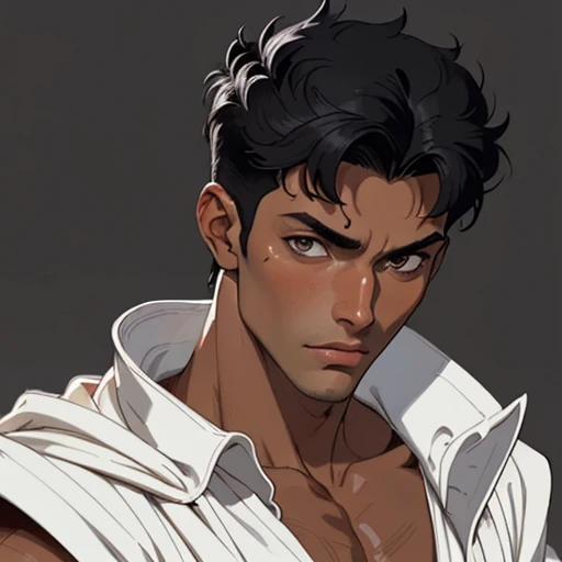 (masterpiece), (best quality),(portrait),(bust up),1boy,solo,(sharp focus),((look at viewer)),tanned skin ,(black hair),adult, (ancient:1),ancient luxurious long clothes,old school fantasy art,((simple background)),super shiny face,Ultra Glossy Skin,guts \(berserk\),white clothes