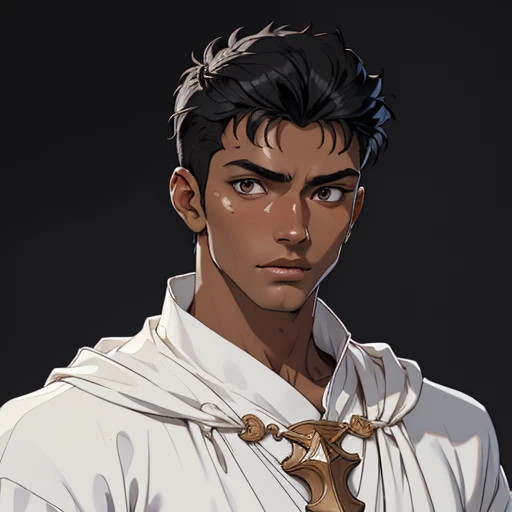 (masterpiece), (best quality),(portrait),(bust up),1boy,solo,(sharp focus),((look at viewer)),tanned skin ,(black hair),adult, (ancient:1),ancient luxurious long clothes,old school fantasy art,((simple background)),super shiny face,Ultra Glossy Skin,guts \(berserk\),white clothes