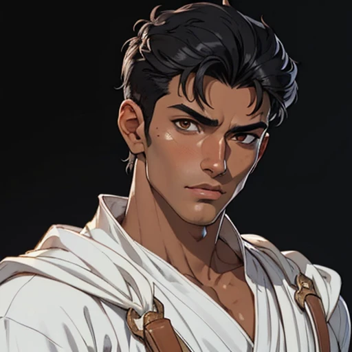 (masterpiece), (best quality),(portrait),(bust up),1boy,solo,(sharp focus),((look at viewer)),tanned skin ,(black hair),adult, (ancient:1),ancient luxurious long clothes,old school fantasy art,((simple background)),super shiny face,Ultra Glossy Skin,guts \(berserk\),white clothes