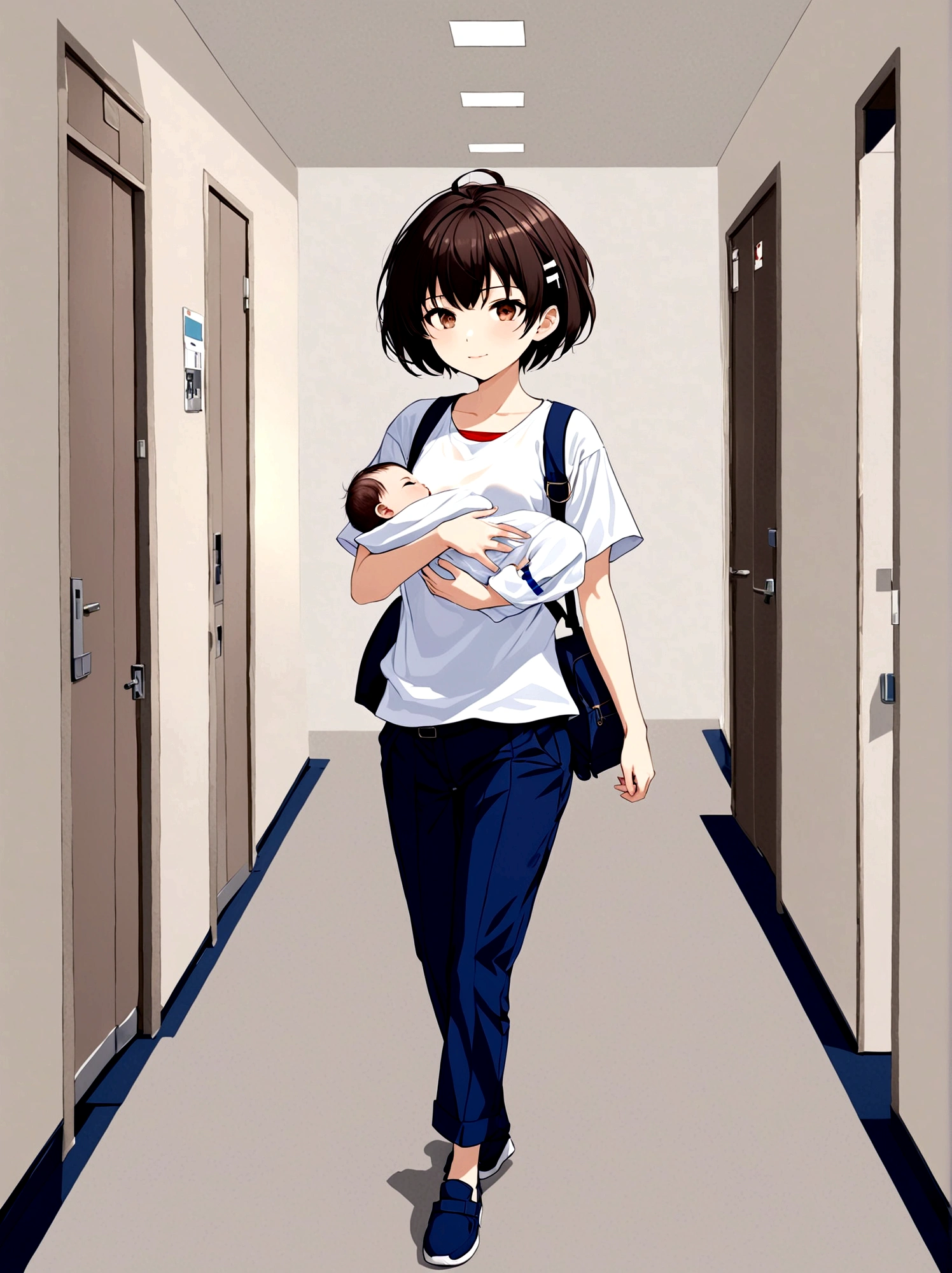 Create an image of one who is walking in. A hospital hallway holding a newborn baby.