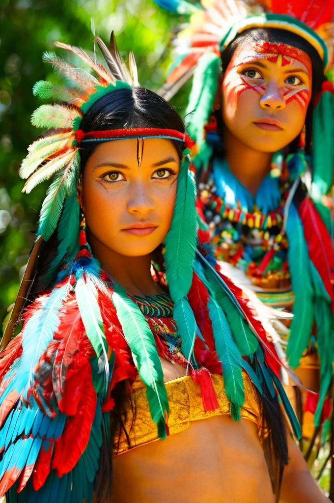 SFW. ((RAW photo, Best quality)), (Realistic, photo-realistic:1.2). A beautiful indigenous girl in native dress with feathers and feathers on her HEAD, Blue and red green macaw FEATHERS, jaguar on right. amazon indian peoples in brazil, beautiful young female brazilian Native girl, Hot body, body in good shape, very detailed face, Yanomami Indian in typical costumes,High quality. Amazonia forest Background. Cinematic lighting.