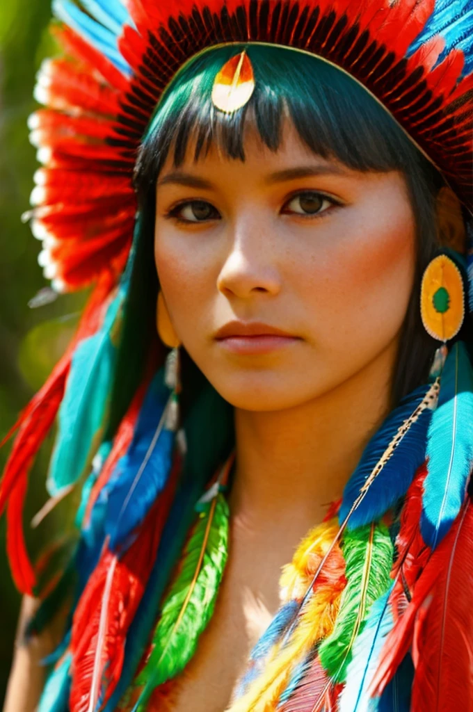 SFW. ((RAW photo, Best quality)), (Realistic, photo-realistic:1.2). A beautiful indigenous girl in native dress with feathers and feathers on her HEAD, Blue and red green macaw FEATHERS, jaguar on right. amazon indian peoples in brazil, beautiful young female brazilian Native girl, Hot body, body in good shape, very detailed face, Yanomami Indian in typical costumes,High quality. Amazonia forest Background. Cinematic lighting. 