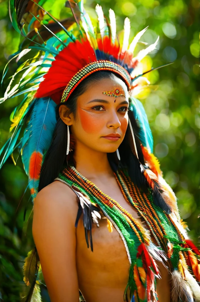 SFW. ((RAW photo, Best quality)), (Realistic, photo-realistic:1.2). A beautiful indigenous girl in native dress with feathers and feathers on her HEAD, Blue and red green macaw FEATHERS, jaguar on right. amazon indian peoples in brazil, beautiful young female brazilian Native girl, Hot body, body in good shape, very detailed face, Yanomami Indian in typical costumes,High quality. Amazonia forest Background. Cinematic lighting. 