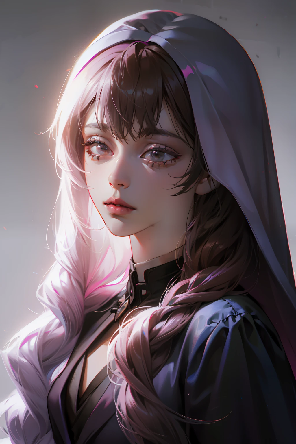 Girl, long soft brown hair, dark gray eyes, sharp features, white skin, bright pink lips, perfect, shirt, coat