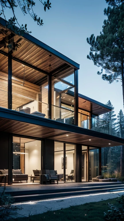 modern villa exterior, glass facade, iron frames, beautiful wooden frame, forest, high trees, (best quality,4k,8k,highres,masterpiece:1.2),ultra-detailed,(realistic,photorealistic,photo-realistic:1.37),professional photograph,landscape,vibrant colors,dramatic lighting,cinematic composition,architectural masterpiece,intricate details,symmetry,natural environment