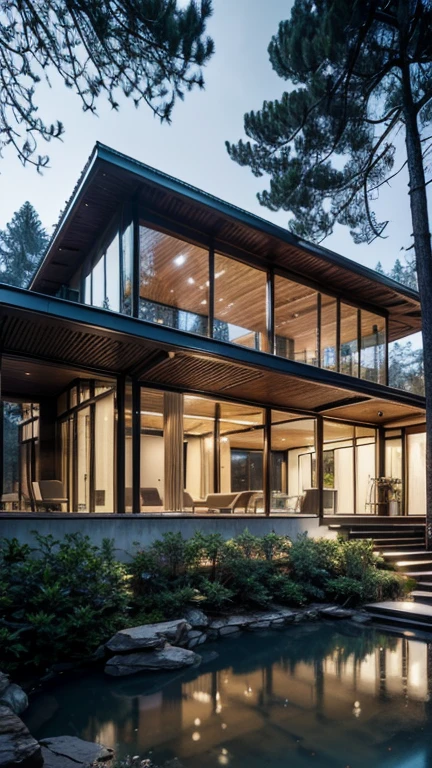 modern villa exterior, glass facade, iron frames, beautiful wooden frame, forest, high trees, (best quality,4k,8k,highres,masterpiece:1.2),ultra-detailed,(realistic,photorealistic,photo-realistic:1.37),professional photograph,landscape,vibrant colors,dramatic lighting,cinematic composition,architectural masterpiece,intricate details,symmetry,natural environment