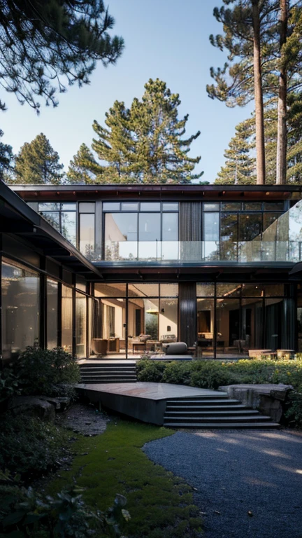 modern villa exterior, glass facade, iron frames, beautiful wooden frame, forest, high trees, (best quality,4k,8k,highres,masterpiece:1.2),ultra-detailed,(realistic,photorealistic,photo-realistic:1.37),professional photograph,landscape,vibrant colors,dramatic lighting,cinematic composition,architectural masterpiece,intricate details,symmetry,natural environment
