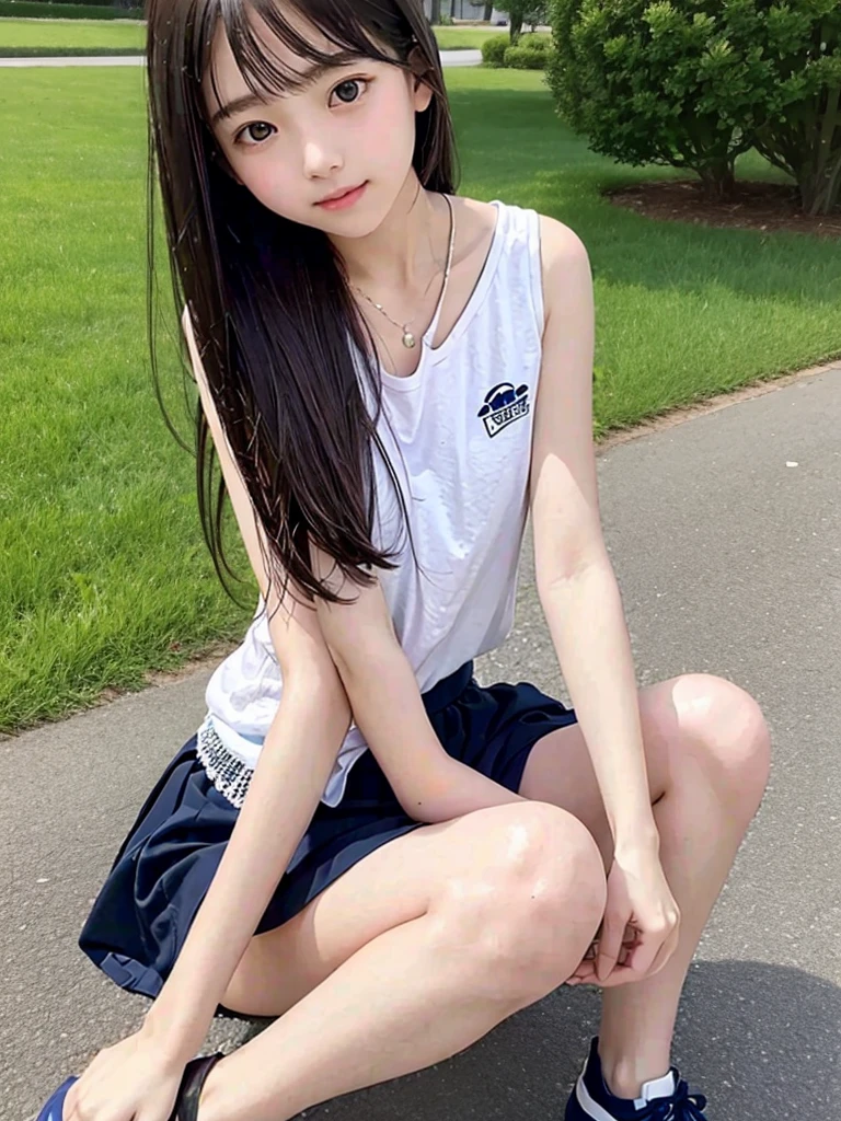 Highest quality、、pretty girl、Sitting、mile,from below