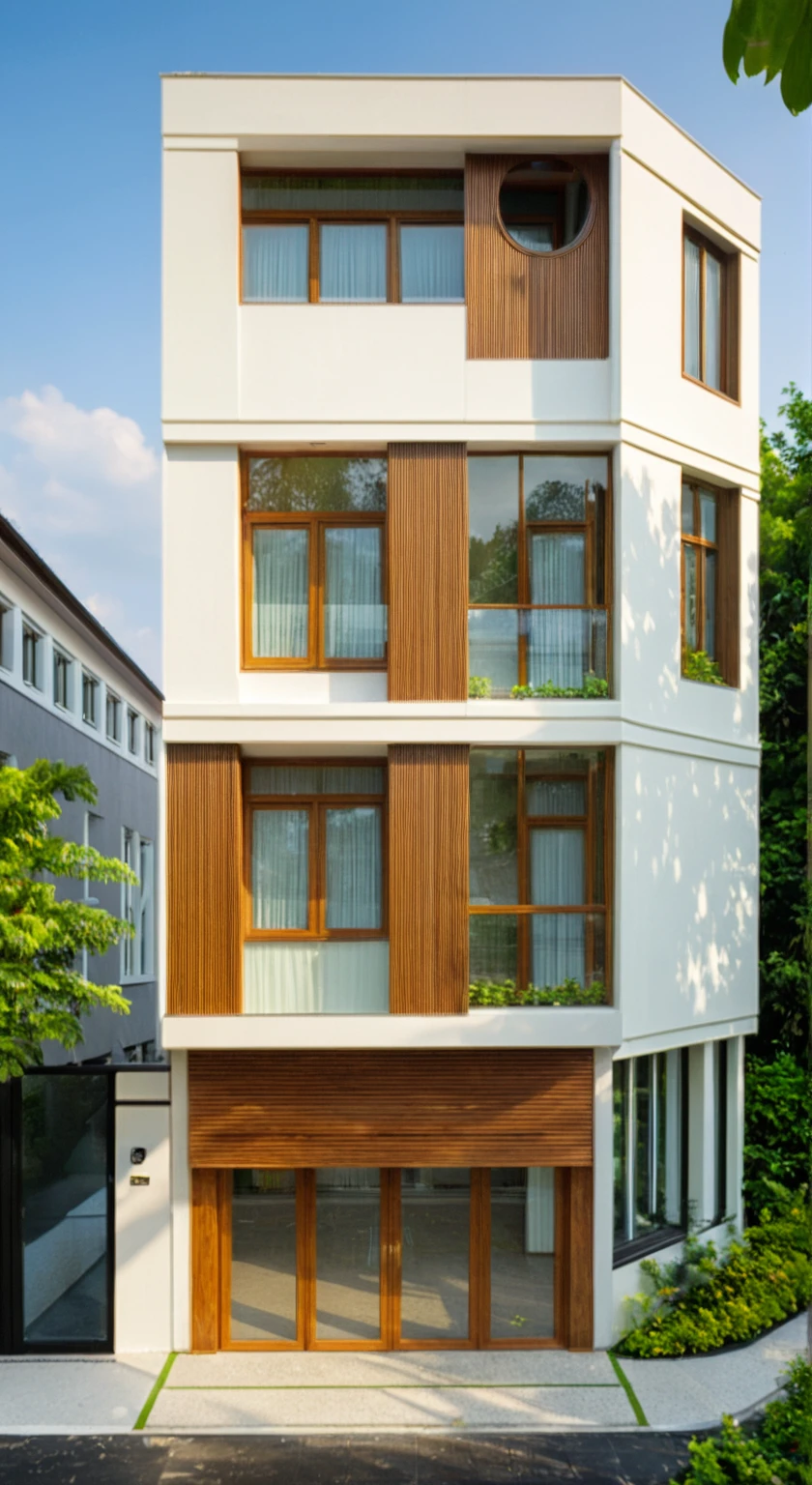 modern villa on street, (daylight), tropical tree, vivid colour, streetcapes, (curve wall:1.2), white tone, white wall, large glass door, warm interior lighting, wood , best quality, 17ArchiAI_XL_VL-v1