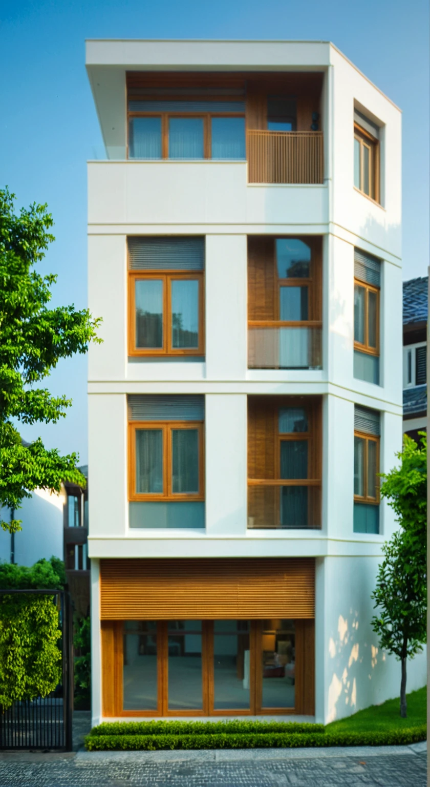 modern villa on street, (daylight), tropical tree, vivid colour, streetcapes, (curve wall:1.2), white tone, white wall, large glass door, warm interior lighting, wood , best quality, 17ArchiAI_XL_VL-v1