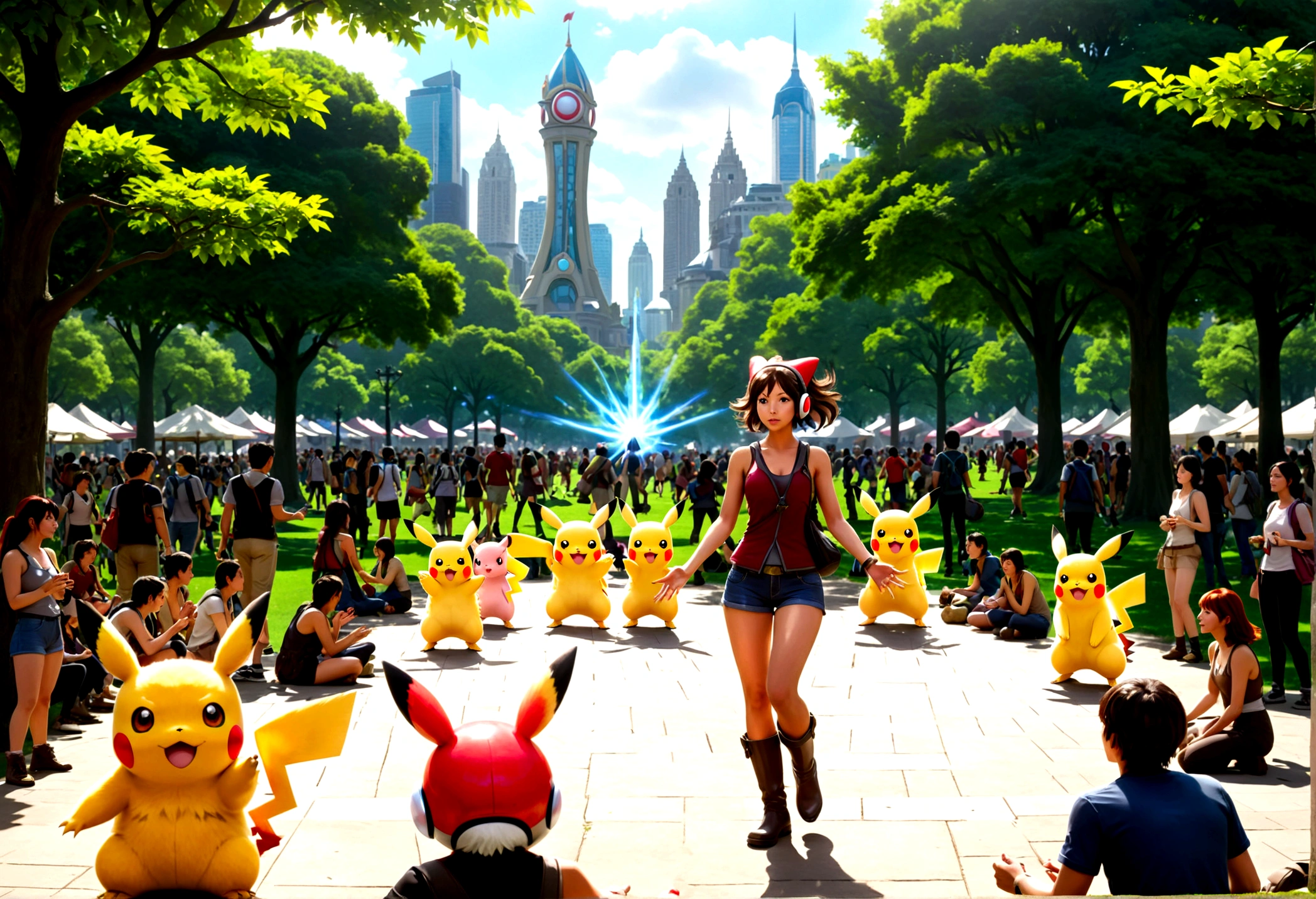 A determined cute woman pokemon trainer, tosses out her pokeball summoning a confused naked woman in pokemon boots and ears, crowded park in daytime. The trainer yells 'Milafachu! I choose you!' in a chat bubble
