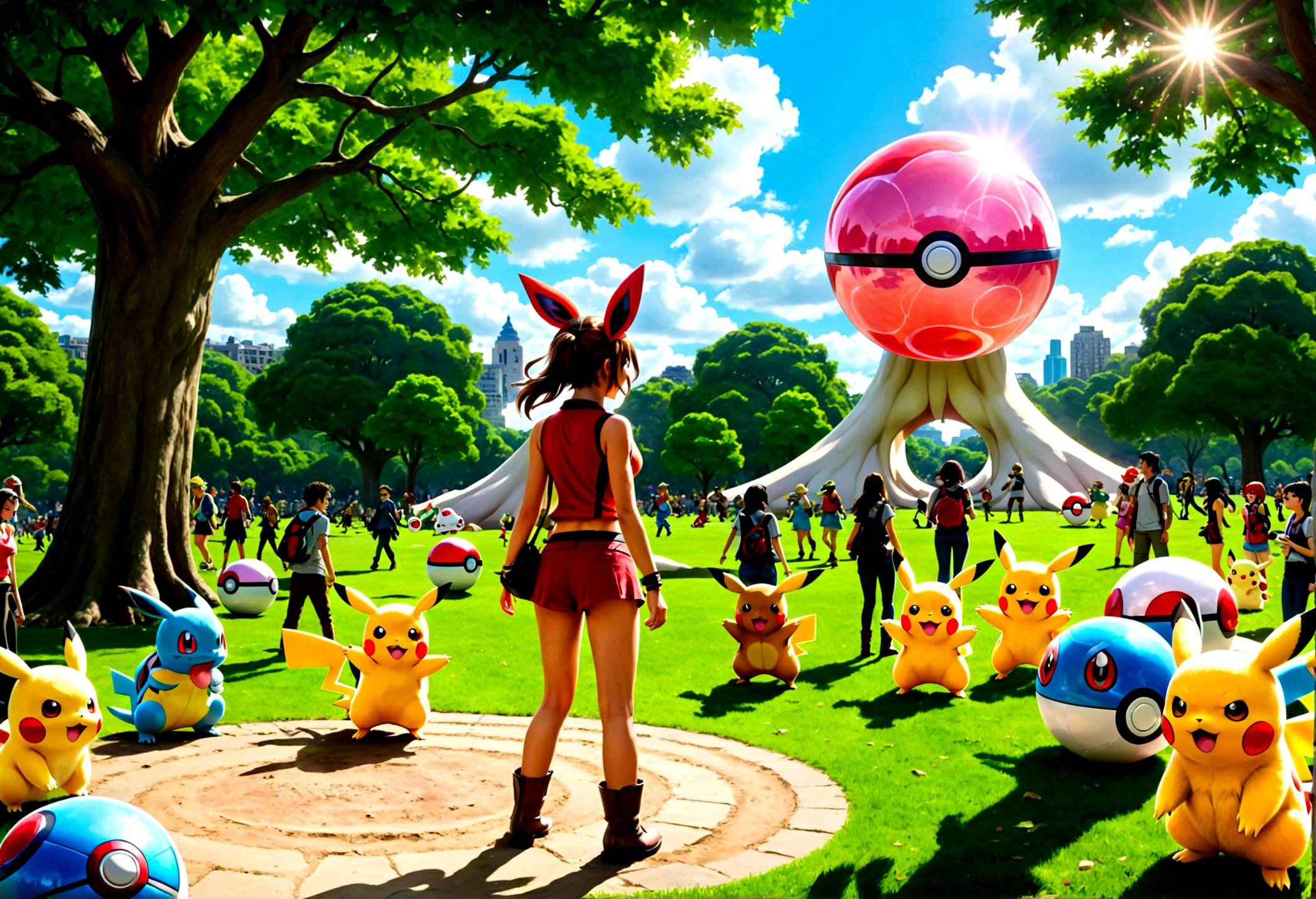 A determined cute woman pokemon trainer, tosses out her pokeball summoning a confused naked woman in pokemon boots and ears, crowded park in daytime. The trainer yells 'Milafachu! I choose you!' in a chat bubble
