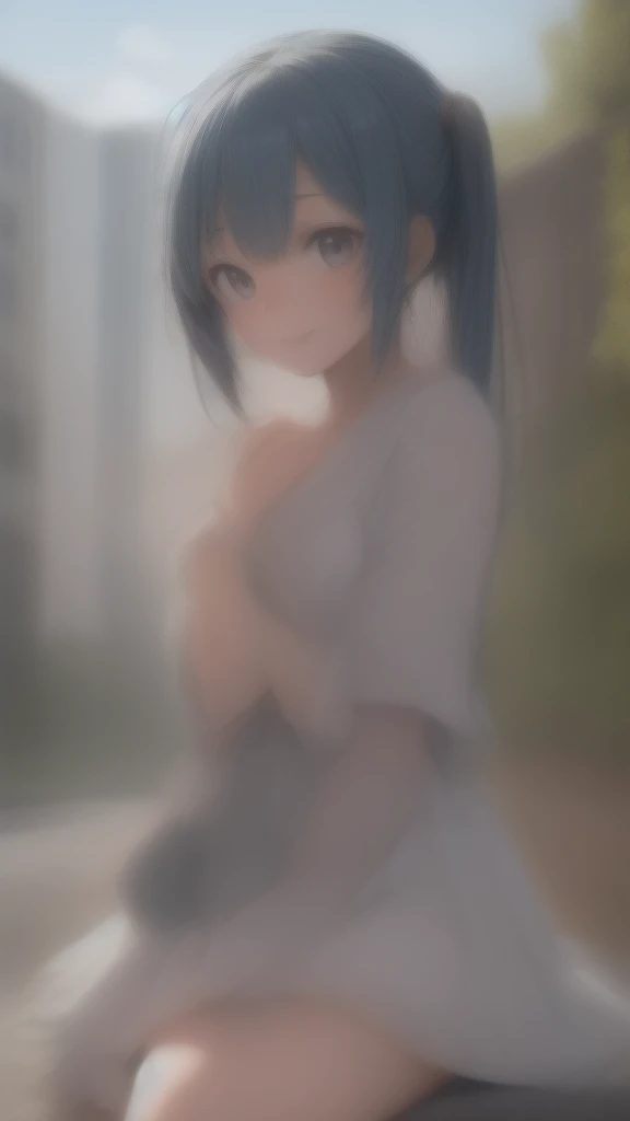 The background is the vastness of nature with a blue sky。
Hatsune Miku is smiling and sitting in the distance。
She is wearing a white dress with a long skirt。
A girl who looks like a Minato Ward girl。
