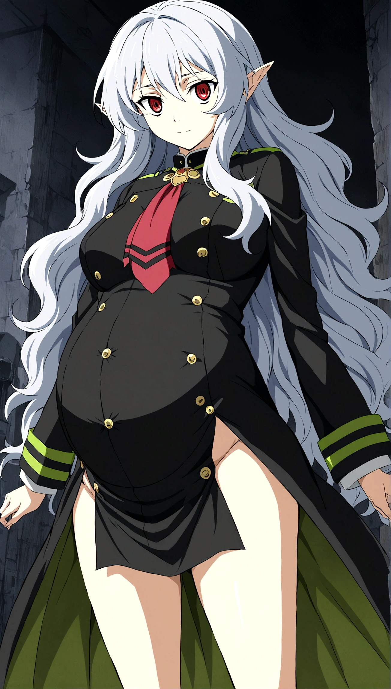 Anime. Owari no Seraph. 1 Girl. Expensive . A vampire. Clumsy mother. Pregnant. Silver hair. Wavy hair. Long hair. Red eyes. Beautiful eyes. Perfect eyes. Expressive eyes. Ideal face. Perfect body. Beautiful long ones. legs. Beautiful nose. 18 years. Big breasts. Standing. Full height. Beautiful character design. Shiny skin. Pointy ears. Ancestor Uniform Dress from Owari no Seraph. Ruins of Tokyo. Whole body. NSF. Official art. Extremely detailed CG Unity 8k wallpaper. Ideal lighting. Ultra high resolution 4K. Super detailed 8K. A high resolution.
