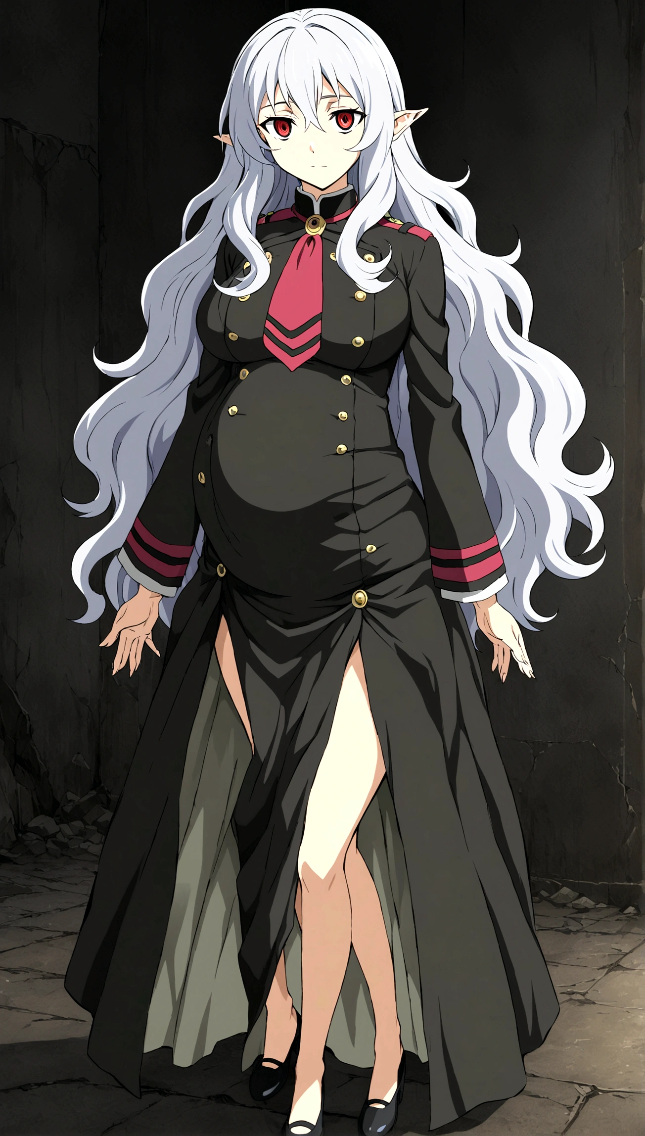 Anime. Owari no Seraph. 1 Girl. Expensive . A vampire. Clumsy mother. Pregnant. Silver hair. Wavy hair. Long hair. Red eyes. Beautiful eyes. Perfect eyes. Expressive eyes. Ideal face. Perfect body. Beautiful long ones. legs. Beautiful nose. 18 years. Big breasts. Standing. Full height. Beautiful character design. Shiny skin. Pointy ears. Ancestor Uniform Dress from Owari no Seraph. Ruins of Tokyo. Whole body. NSF. Official art. Extremely detailed CG Unity 8k wallpaper. Ideal lighting. Ultra high resolution 4K. Super detailed 8K. A high resolution.