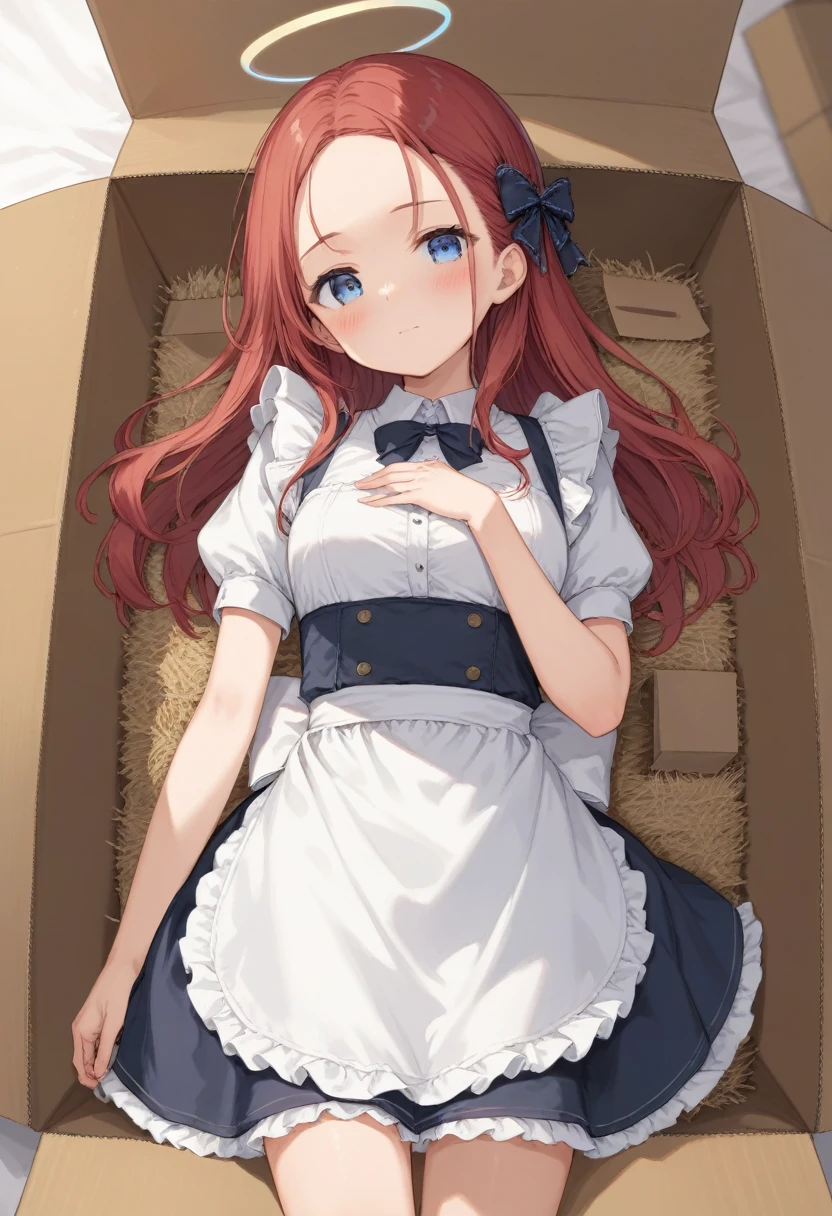 score_9,score_8_up,score_7_up,source_anime,cowboy shot,Idealized Forms,Natural Light,details background,blurry background,extremely detailed,anime anime girl laying in a cardboard box with bow and dress, 1girl, solo, long hair, forehead, apron, bow, halo, red hair, short sleeves, cardboard box, blush, shirt, box, blue eyes, maid, white shirt, puffy sleeves, hair bow, frills, closed mouth, looking at viewer