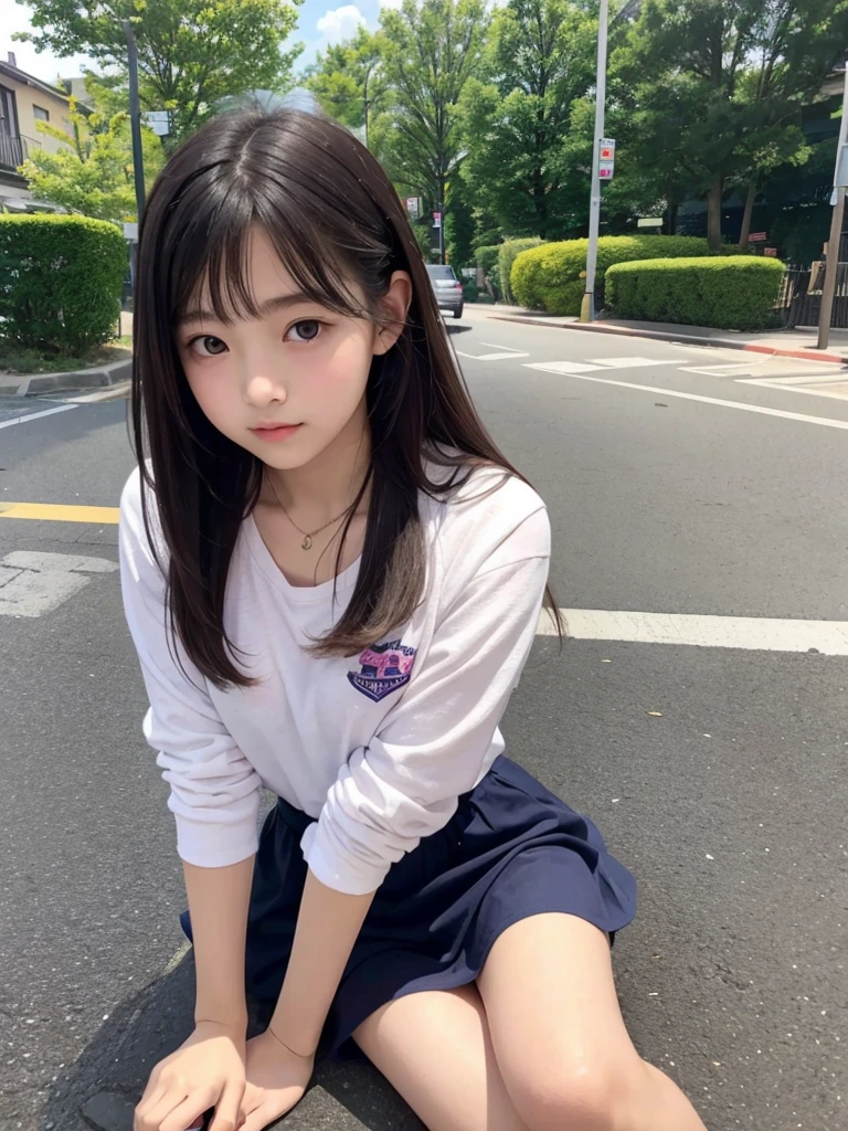 Highest quality、、pretty girl、Sitting、mile,from below