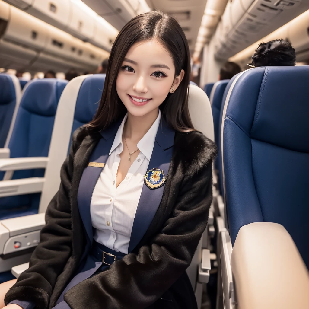 young girl 32 years old, flight attendant, sitting in the airplane seat, dressed in uniform, smiling, posing, 8k, maximum quality, maximum resolution, black fur, sexy, neckline, Free hair, very thin, pied, without jacket