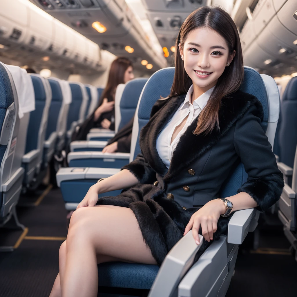 young girl 32 years old, flight attendant, sitting in the airplane seat, dressed in uniform, smiling, posing, 8k, maximum quality, maximum resolution, black fur, sexy, neckline, Free hair, very thin, pied, without jacket