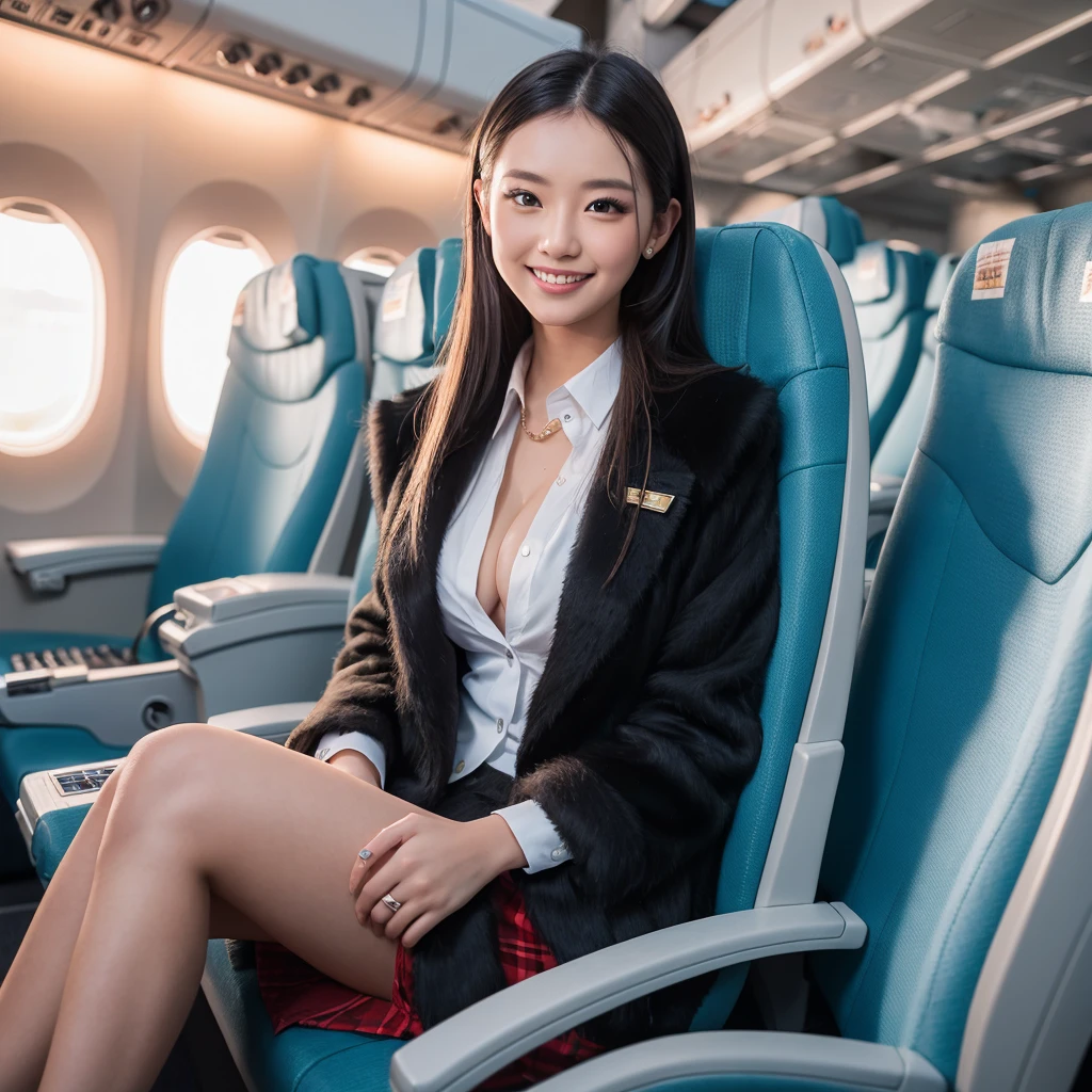 young girl 32 years old, flight attendant, sitting in the airplane seat, dressed in uniform, smiling, posing, 8k, maximum quality, maximum resolution, black fur, sexy, neckline, Free hair, very thin, pied, without jacket