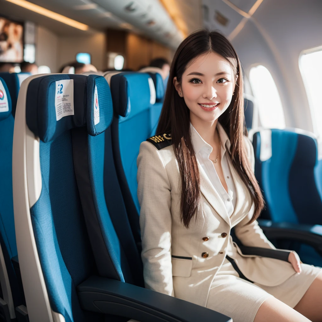 young girl 32 years old, flight attendant, sitting in the airplane seat, dressed in uniform, smiling, posing, 8k, maximum quality, maximum resolution, black fur, sexy, neckline, Free hair, very thin, pied, without jacket