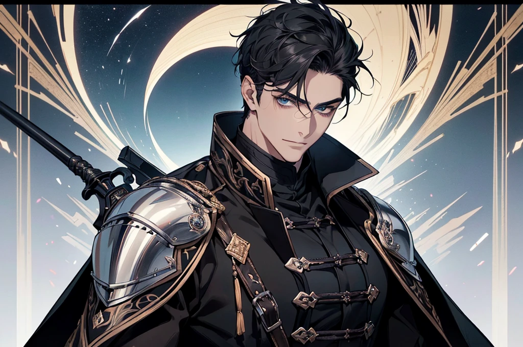 There was a knight up there., Masterpiece, Highest quality, war, cold weather, realistic, 1 person, mature man, A quiet and charming young man., 30 years old, Portrait, Highly detailed face, cool and smile, ((blue eyes)), ((black short hair)), [Thick eyebrows], holding a weapon (Crescent repeater),Lipo,Fang Tian Hua Ji, ((black long coat)), ((all black)), (blue eyes) ,Short Black Quiff Hair with Soft Fringe, handsome , muscle, Facial expressions, black knight armor((Black Armor) ,Fang Tian Hua Ji, black wool shawl(Masterpiece,best quality,special, (Broad shoulders)) (muscle), focus man,holding a spear to pierce the sky, His black spear rose.., . Describe the man.&#39;Appearance., Details of his sword, Characteristics and characteristics of monsters, and convey the tension and power of the encounter..."