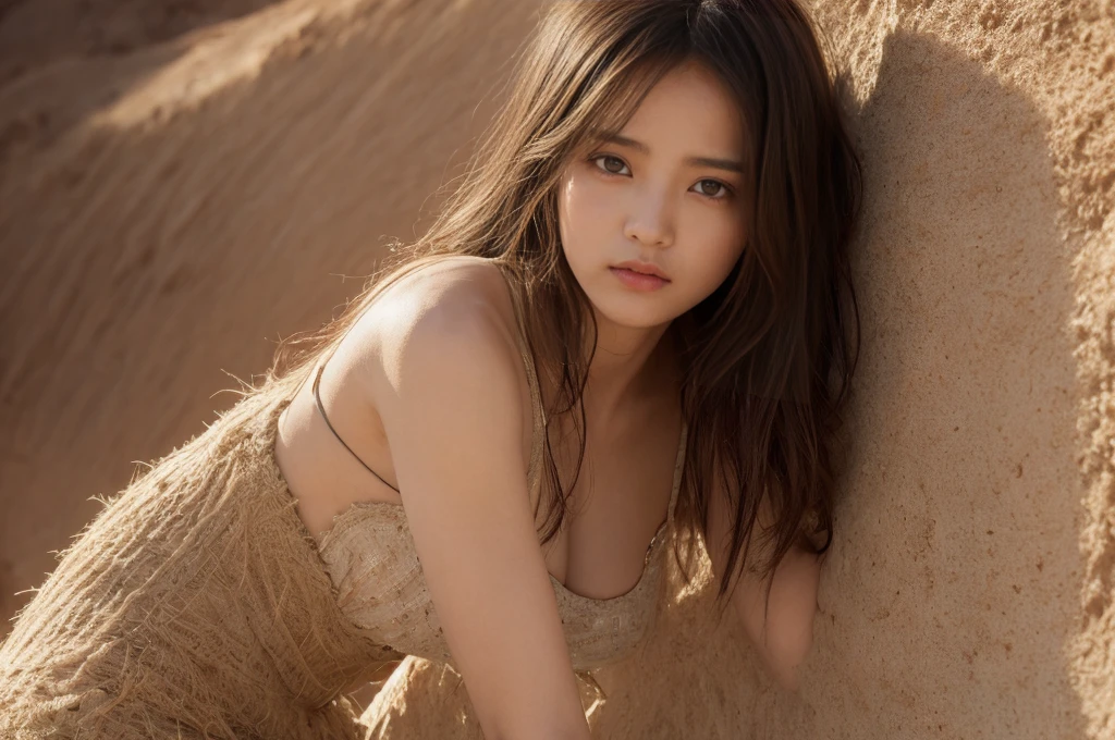((Highest quality)),((masterpiece)),((so beautiful)), Unique light and shadow, One Girl, Messy Hair, Realistic skin texture, rugged desert, Cactus, Feminine pose