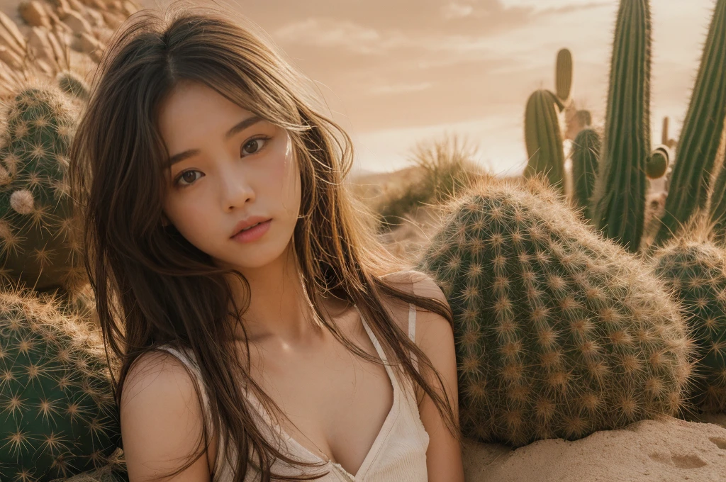 ((Highest quality)),((masterpiece)),((so beautiful)), Unique light and shadow, One Girl, Messy Hair, Realistic skin texture, rugged desert, Cactus, Feminine pose