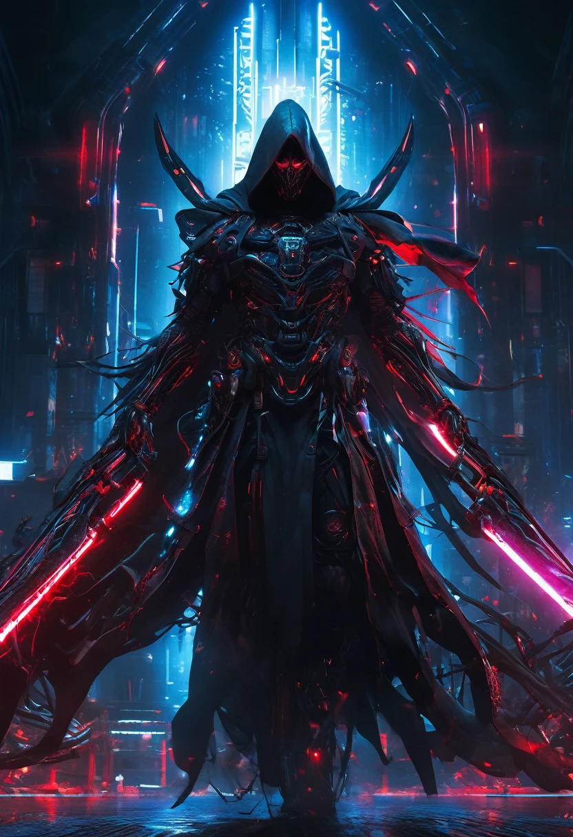 A menacing cyborg Death Reaper emerges from shadows, wear a hi tech mask, wielding dual scythes pulsing with crimson neon. Sleek black armor melds with a tattered hoodie, obscuring its face. Cinematic low-key lighting accentuates sharp edges and ominous silhouette. Hyper-detailed textures reveal intricate circuitry and battle scars. Dramatic composition emphasizes the figure's imposing presence. Color palette contrasts deep blacks with vibrant reds and cool blues. Rendered in ultra-high 8K resolution, capturing every eerie detail.