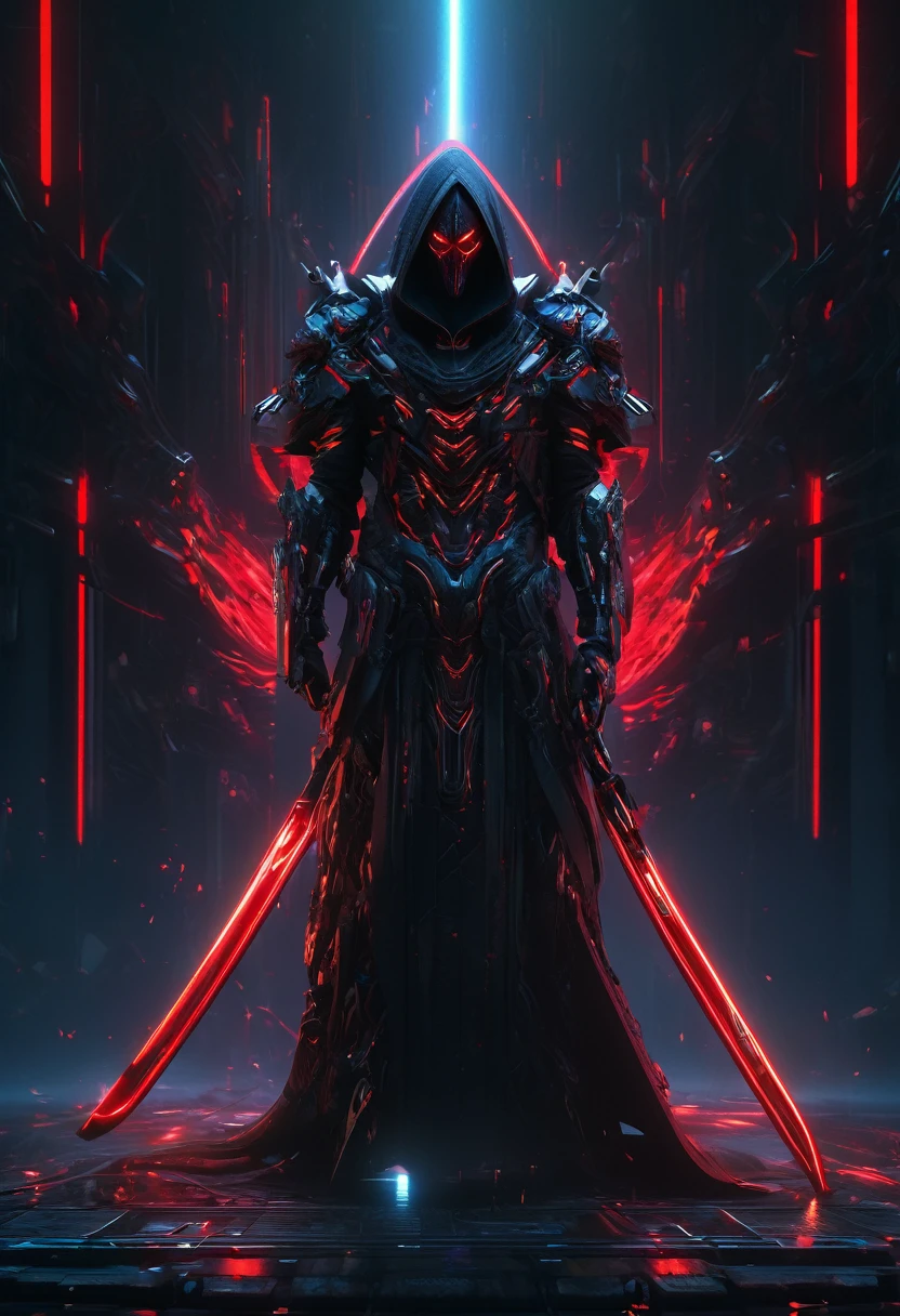 A menacing cyborg Death Reaper emerges from shadows, wear a hi tech mask, wielding dual scythes pulsing with crimson neon. Sleek black armor melds with a tattered hoodie, obscuring its face. Cinematic low-key lighting accentuates sharp edges and ominous silhouette. Hyper-detailed textures reveal intricate circuitry and battle scars. Dramatic composition emphasizes the figure's imposing presence. Color palette contrasts deep blacks with vibrant reds and cool blues. Rendered in ultra-high 8K resolution, capturing every eerie detail.
