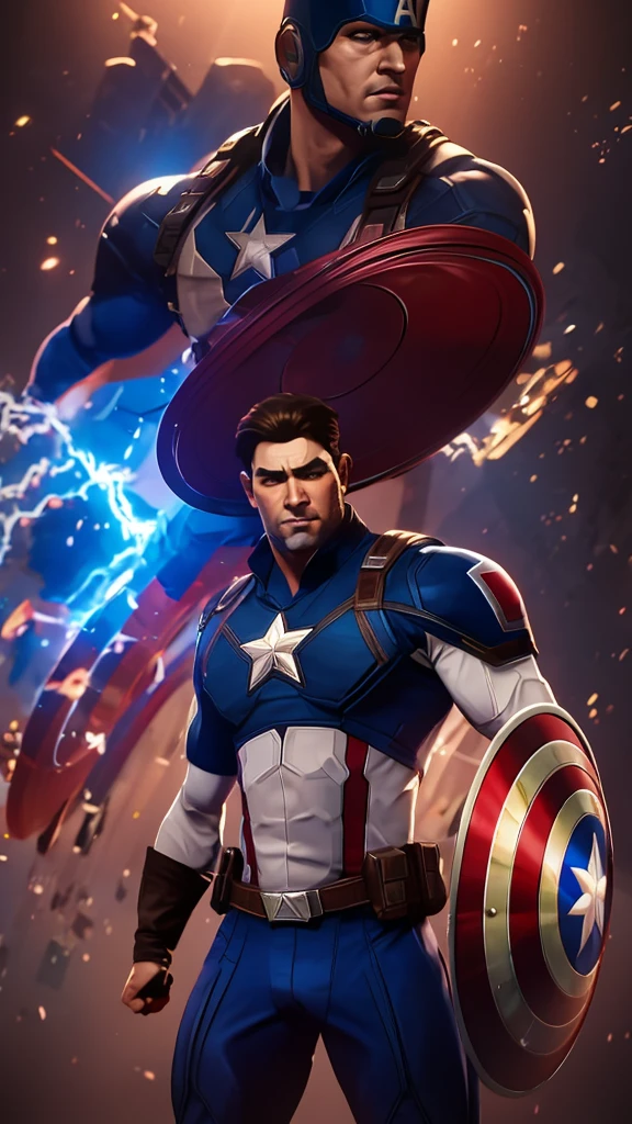 Captain America leap attack, shield at the ready, in a dynamic action pose amidst a chaotic battle scene backdrop. His muscles ripple beneath his iconic suit as he prepares to strike. The mid-body portrait showcases his determined expression and defined physique. The composition is sharp, with bold lines and contrasting colors drawing attention to the star-spangled hero. Highly detailed digital painting techniques create an extremely realistic 8K Kodak Golden shot, reminiscent of art by Ross Tran and Jim Lee.