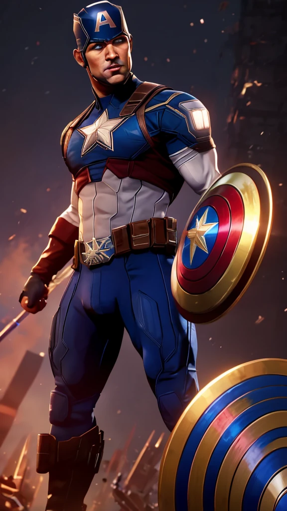 Captain America stands tall, shield at the ready, in a dynamic action pose amidst a chaotic battle scene backdrop. His muscles ripple beneath his iconic suit as he prepares to strike. The mid-body portrait showcases his determined expression and defined physique. The composition is sharp, with bold lines and contrasting colors drawing attention to the star-spangled hero. Highly detailed digital painting techniques create an extremely realistic 8K Kodak Golden shot, reminiscent of art by Ross Tran and Jim Lee.